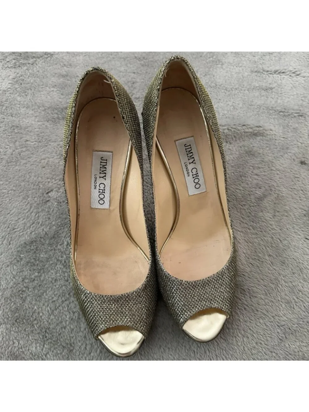 *as is* Jimmy Choo Evelyn Glitter Peep Toe Gold Heels Womens size 38.5